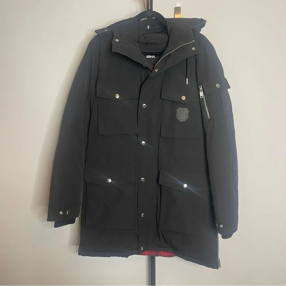 $985 The Kooples The Kooples Logo-Patch Hooded Woven Parka - Black MEN’S Medium